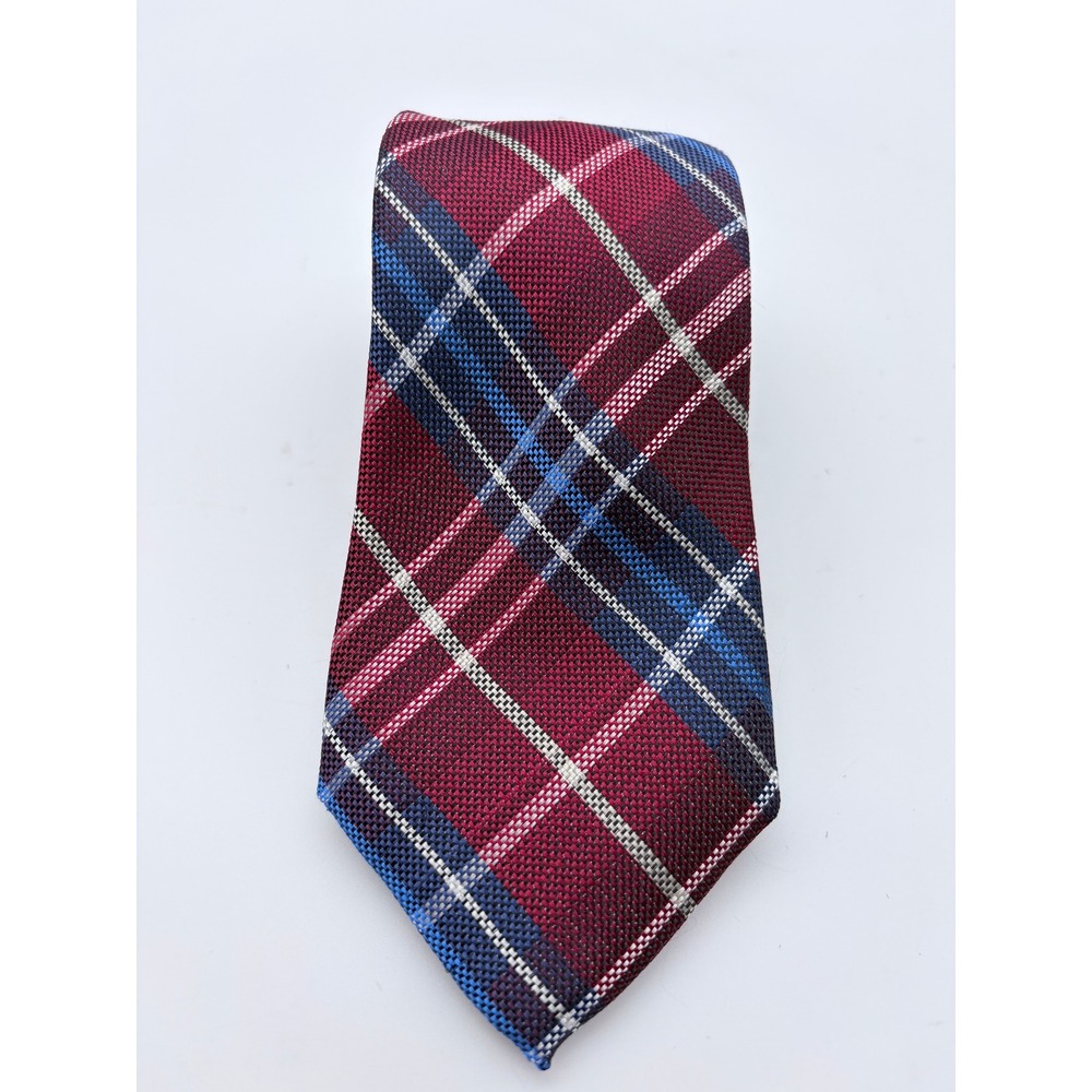 Nautica Tie Mens OS Burgundy Blue Plaid Silk Blend Necktie Geometric Classic